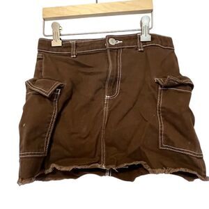 H&M Girls M Brown Cargo Skirt White Stitching Frayed Hem Pockets